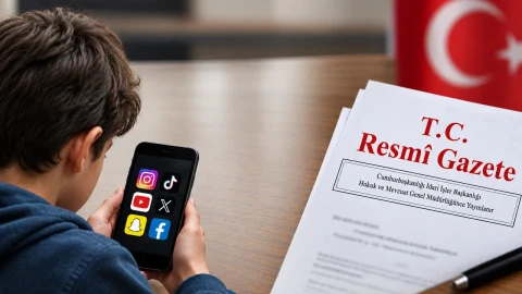Bir çocuk telefonunda sosyal medya uygulamalarına bakarken yanında Resmi Gazete sayfaları görülüyor