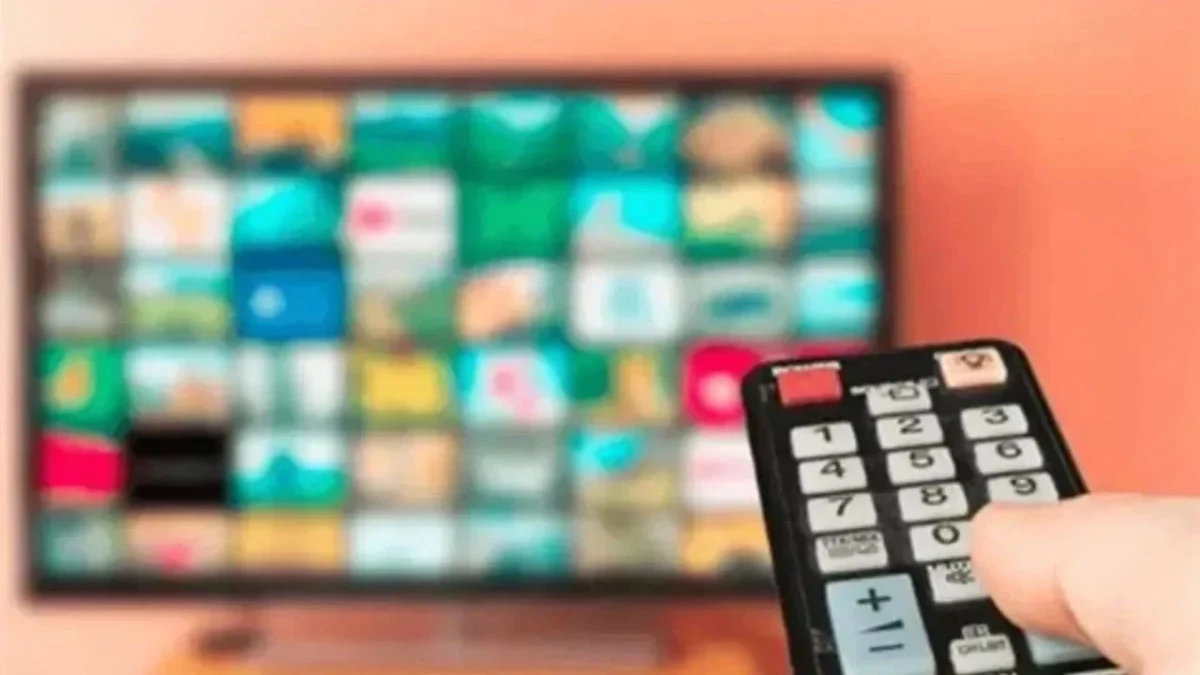 Televizyon ekranındaki yayınları gösteren bir TV ve elindeki kumanda