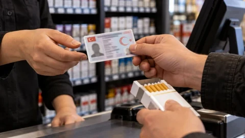 Bir market kasasında sigara alırken kimlik kontrolü yapılan müşteri