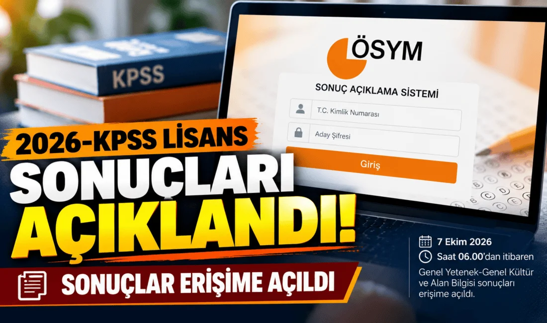 2026 KPSS Lisans sonuçlarının açıklandığını duyuran görselde ÖSYM sonuç sistemi ve KPSS kitapları yer alıyor.