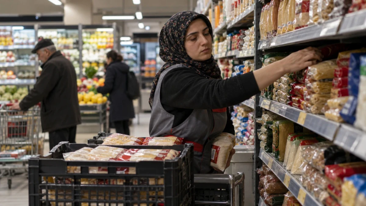 Market rafından ürün alan kadın ve alışveriş arabası