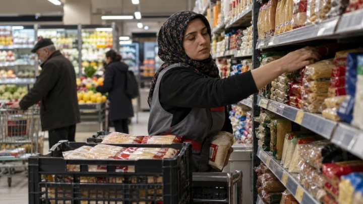 Market rafından ürün alan kadın ve alışveriş arabası