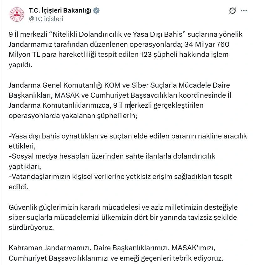 İçişleri Bakanlığının sosyal medya hesabındaki operasyon açıklamasının ekran görüntüsü