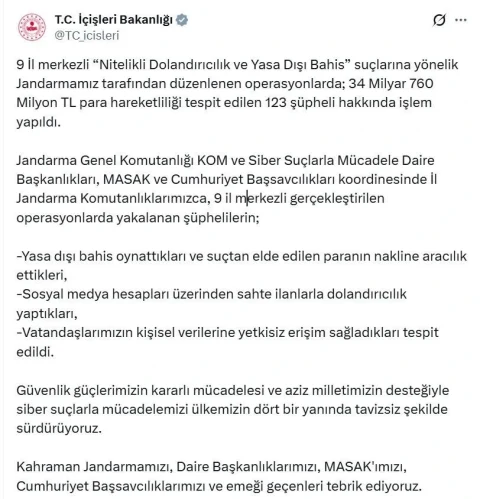 İçişleri Bakanlığının sosyal medya hesabındaki operasyon açıklamasının ekran görüntüsü