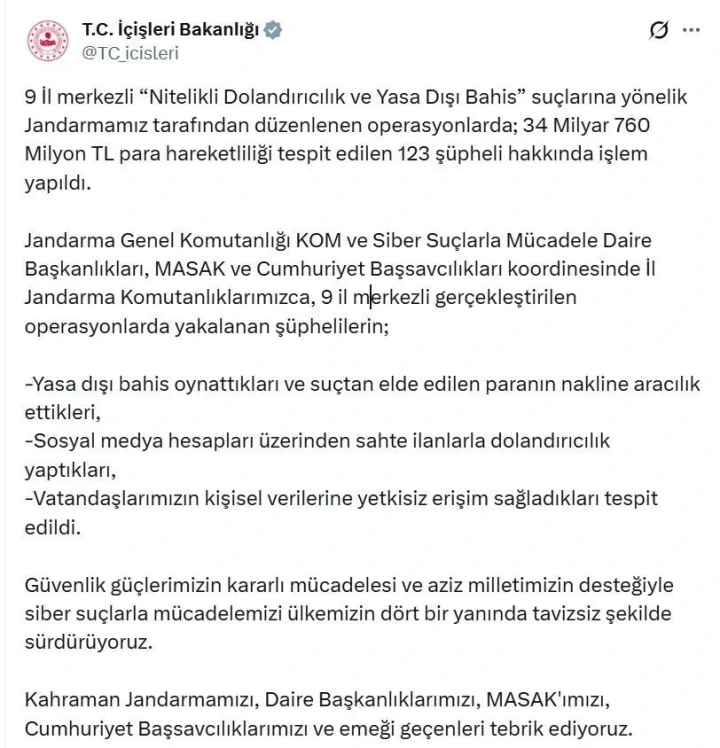 İçişleri Bakanlığının sosyal medya hesabındaki operasyon açıklamasının ekran görüntüsü