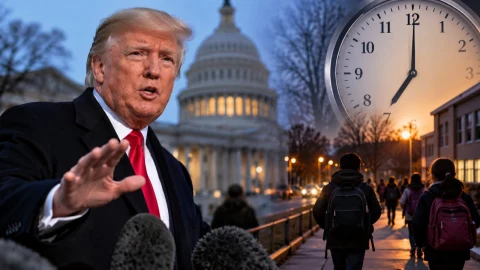 Donald Trump, ABD Kongre binası, büyük bir saat ve karanlıkta okula yürüyen öğrenciler