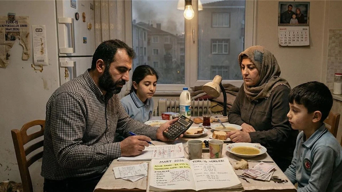 Bir ailenin yemek masasında hesap makinesi ve harcamalarını değerlendirmesi