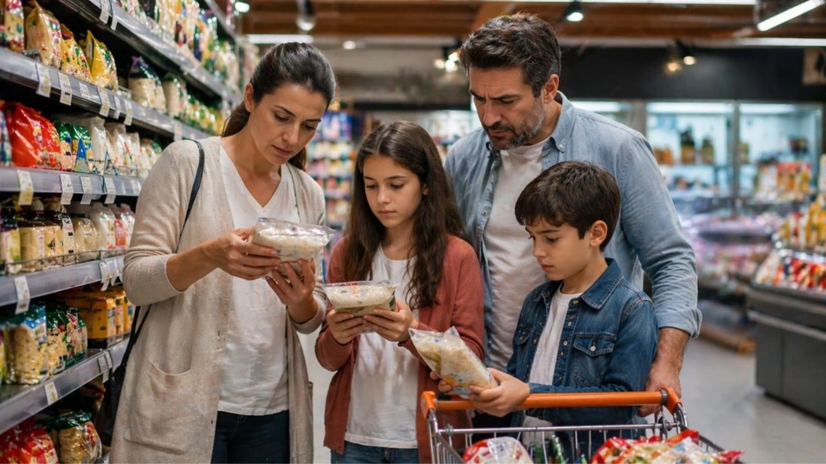 Market alışverişi yapan aile ürünleri inceliyor