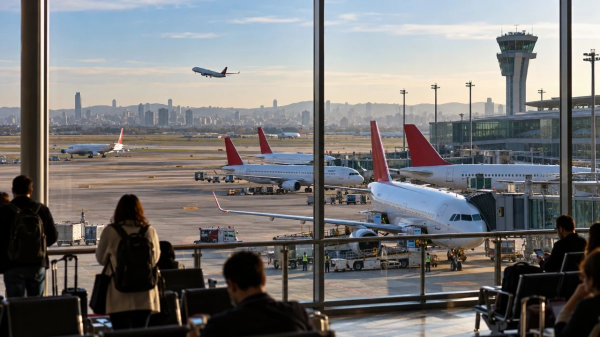 Terminal penceresinden görünen apronda park hâlindeki yolcu uçakları ve havalanan bir uçak
