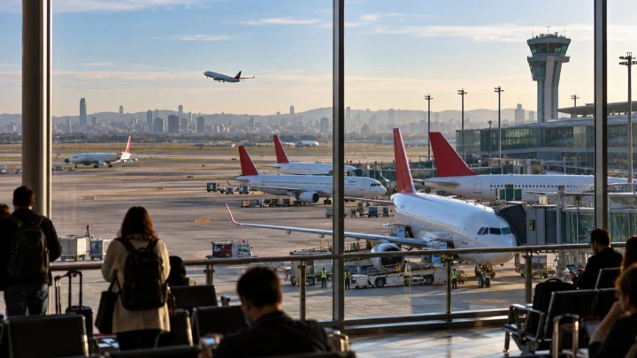 Terminal penceresinden görünen apronda park hâlindeki yolcu uçakları ve havalanan bir uçak