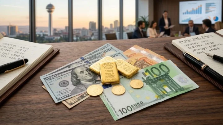Masa üzerinde altın külçeleri, dolar ve euro banknotları; arka planda finans toplantısı