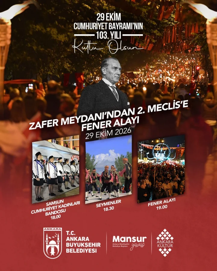 Ankara’da 29 Ekim fener alayının Zafer Meydanı’ndan 2’nci Meclis’e yapılacağını duyuran etkinlik afişi