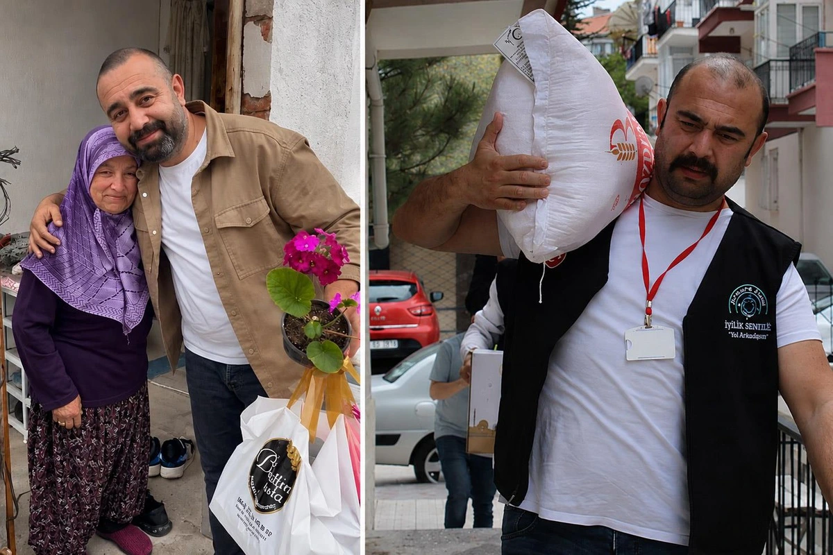 Yasin Oyanık, yaşlı bir kadınla yan yana duruyor ve yardım malzemesi taşıyor