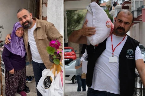 Yasin Oyanık, yaşlı bir kadınla yan yana duruyor ve yardım malzemesi taşıyor