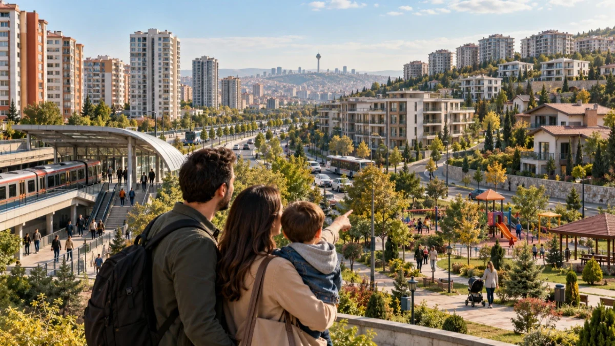 Ankara’da konutlar, metro hattı, park ve çocuklu bir aile