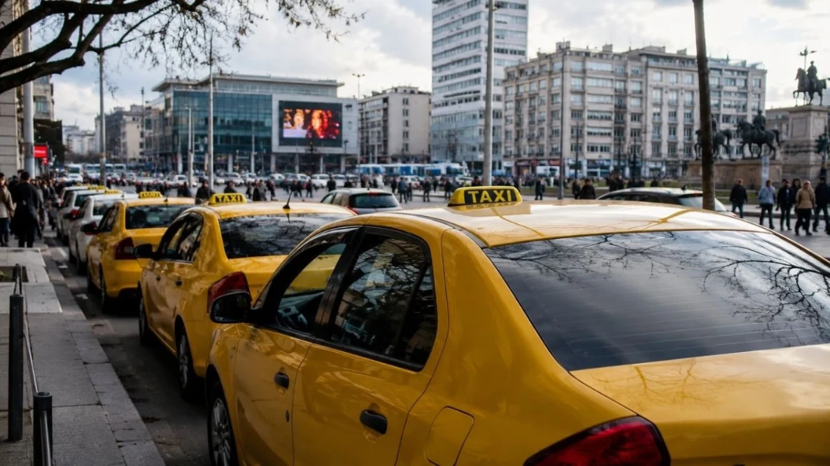 Şehir merkezinde sıralanmış sarı taksiler
