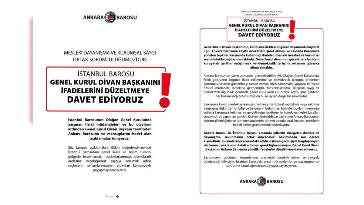 Ankara Barosu açıklamasında İstanbul Barosu Genel Kurul Divan Başkanına ifadelerini düzeltme çağrısı