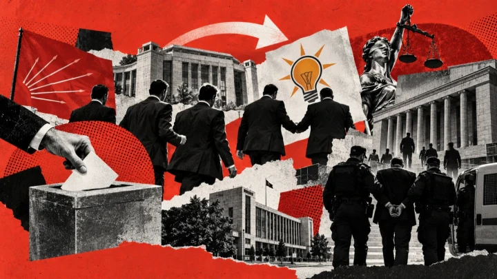 Belediye, seçim sandığı ve siyasi parti simgeleriyle yerel yönetimlerdeki değişimi anlatan kolaj