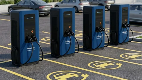 Otoparkta sıralanan elektrikli araç şarj üniteleri
