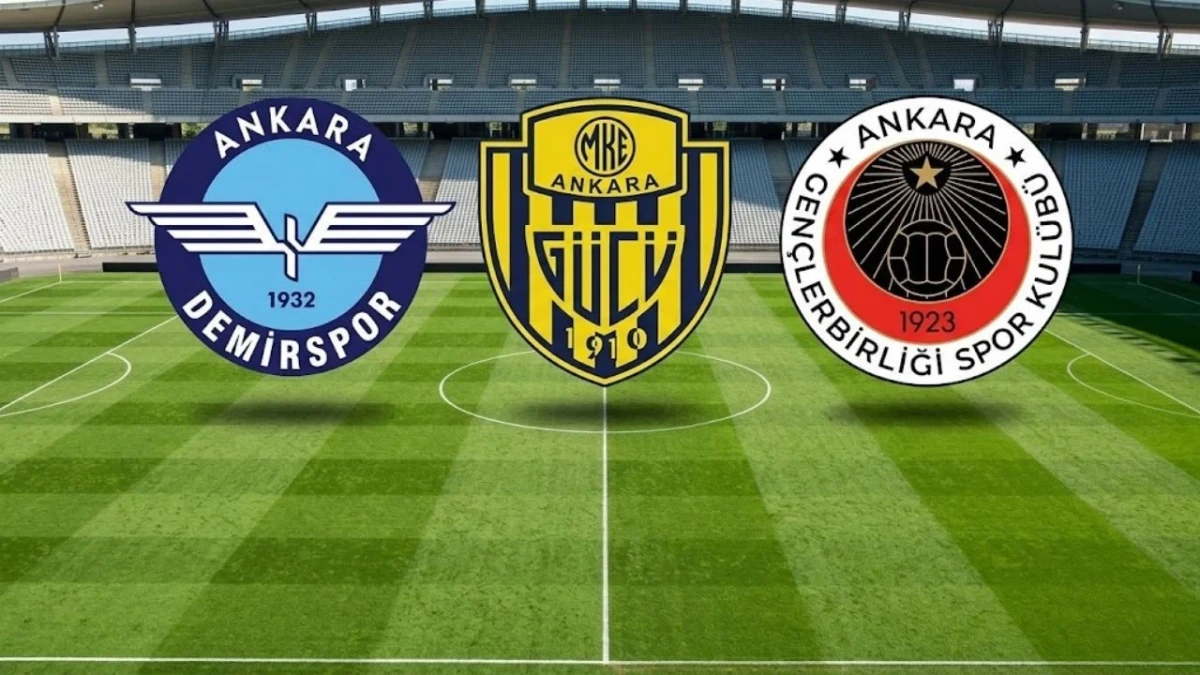 Ankara Demirspor, MKE Ankaragücü ve Gençlerbirliği amblemleri futbol sahası üzerinde
