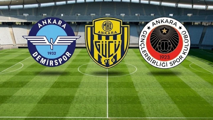 Ankara Demirspor, MKE Ankaragücü ve Gençlerbirliği amblemleri futbol sahası üzerinde