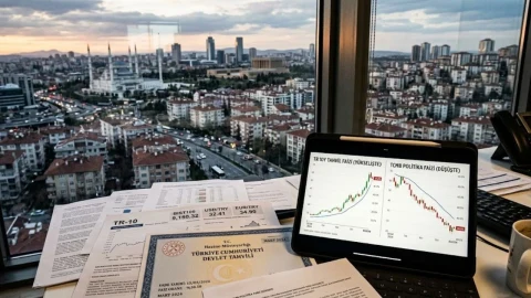 Ankara manzarası önünde devlet tahvili belgeleri ve faiz grafiği gösteren tablet