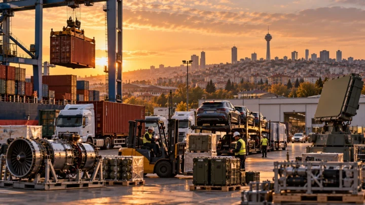 Konteynerler, araçlar ve sanayi ekipmanlarının yer aldığı ihracat sahası