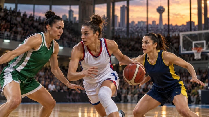 Basketbol maçında üç kadın oyuncu top için mücadele ediyor