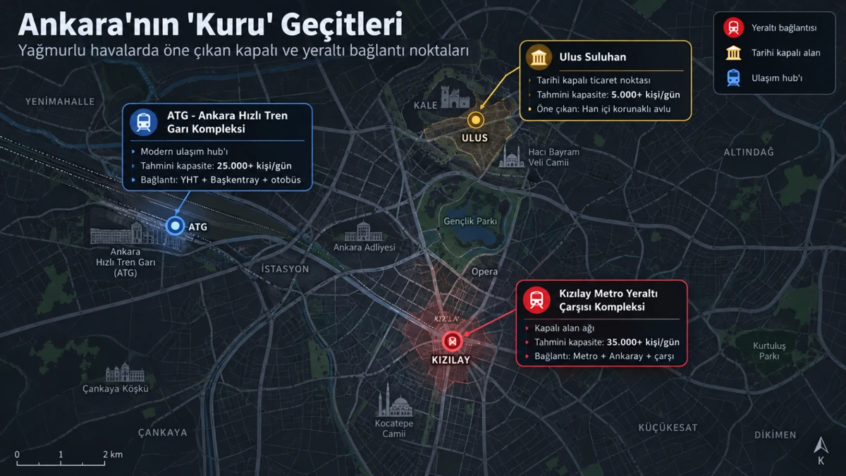 Ankara’da yağmurlu havalarda öne çıkan kapalı ve yeraltı bağlantı noktalarını gösteren harita