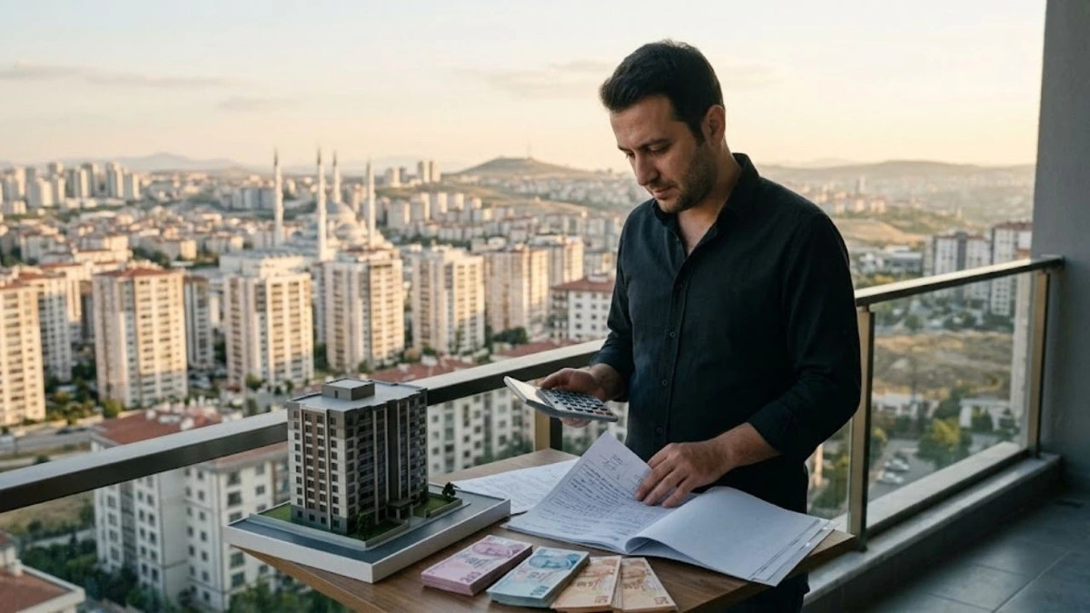 Ankara manzaralı balkonda konut maketi ve belgeleri inceleyen kişi