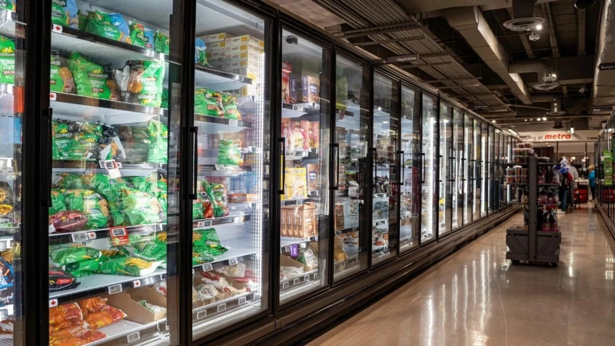 Süpermarkette cam kapaklı soğutucu dolaplar ve gıda ürünleri