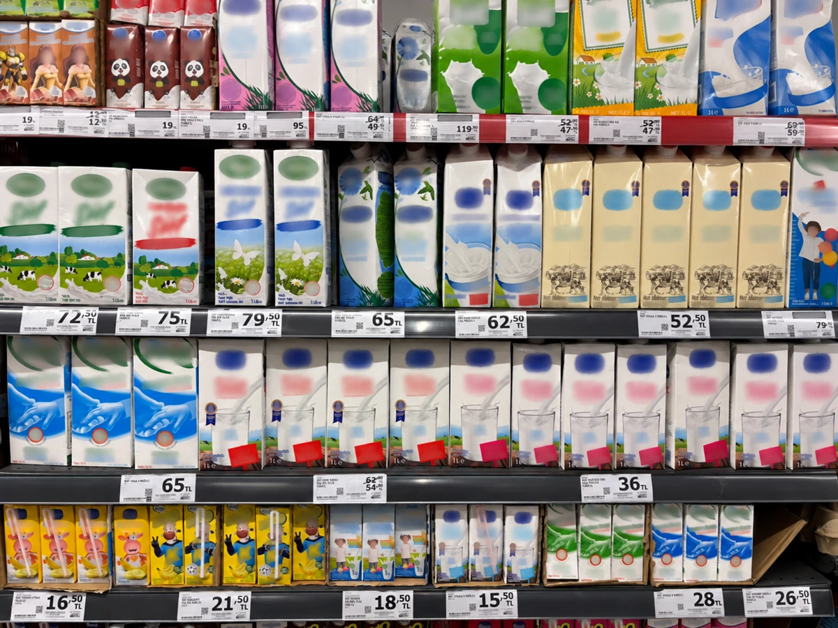 Market raflarında farklı markalara ait süt kutuları ve fiyat etiketleri