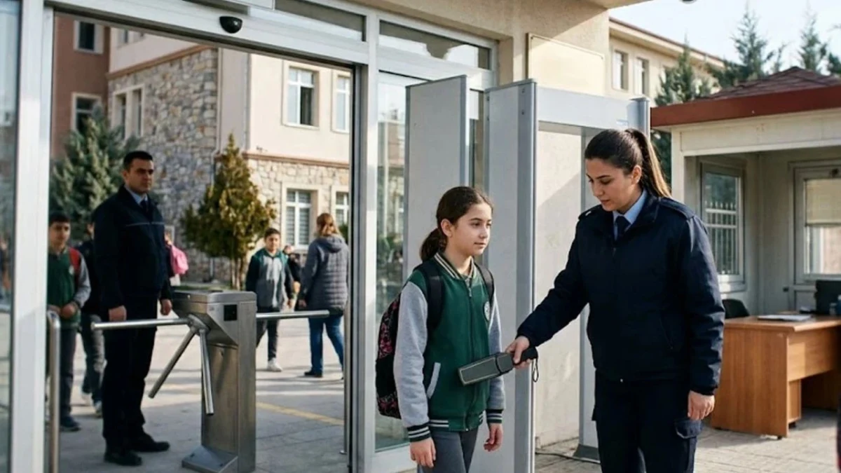 Okul girişinde görevli güvenlik personeli öğrencilerin girişini kontrol ediyor.