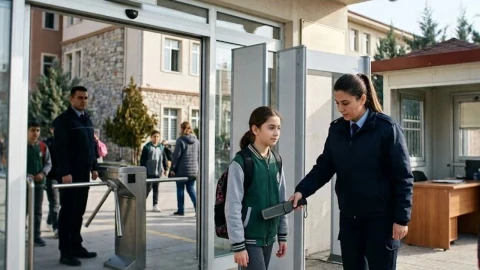 Okul girişinde görevli güvenlik personeli öğrencilerin girişini kontrol ediyor.