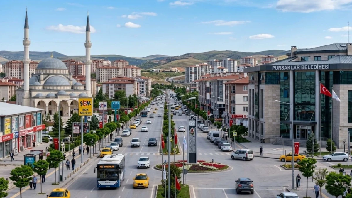 Pursaklar’da ana cadde, konutlar ve belediye binası