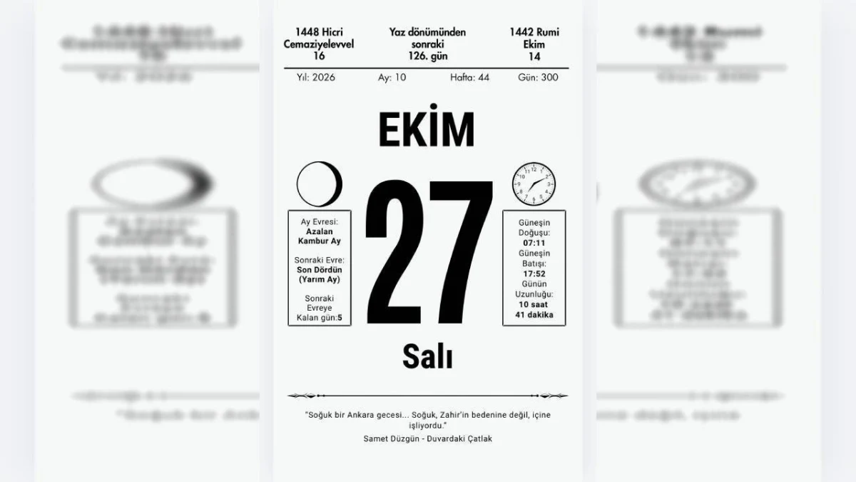 27 Ekim tarihini gösteren Saatli Maarif Takvimi yaprağı