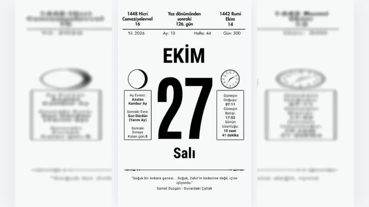 27 Ekim tarihini gösteren Saatli Maarif Takvimi yaprağı