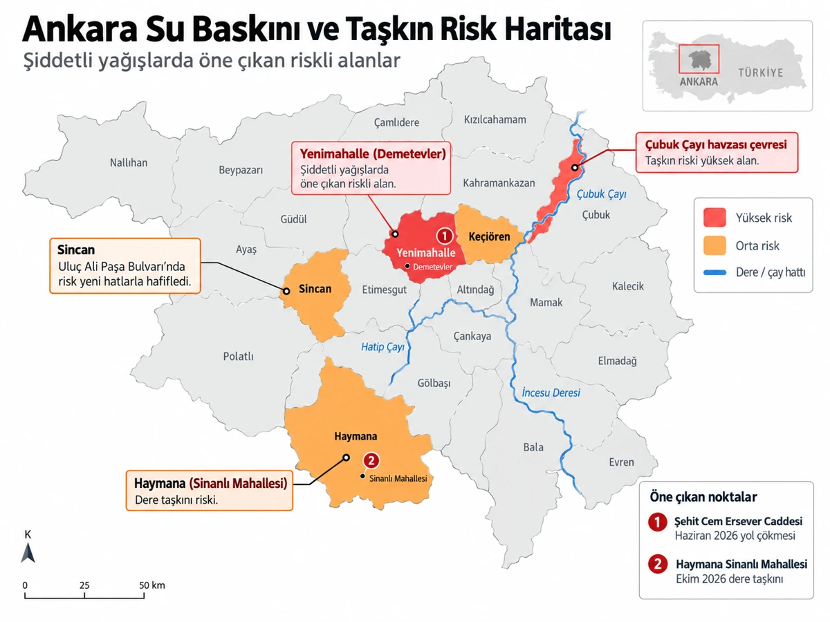 Ankara’daki su baskını ve taşkın riski taşıyan alanları gösteren harita