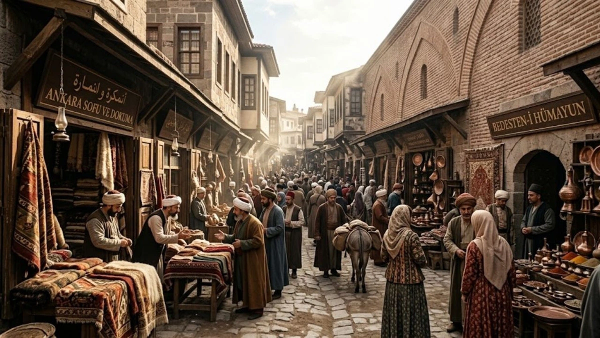 Tarihî çarşıda kumaş tezgâhları ve alışveriş yapan kalabalık