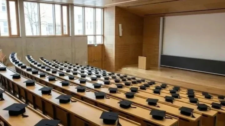 Boş bir üniversite amfisinde sıralar ve derslik kürsüsü