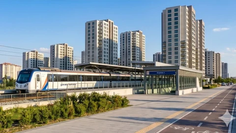 Ankara’da konut kulelerinin önünden geçen raylı sistem aracı ve istasyon