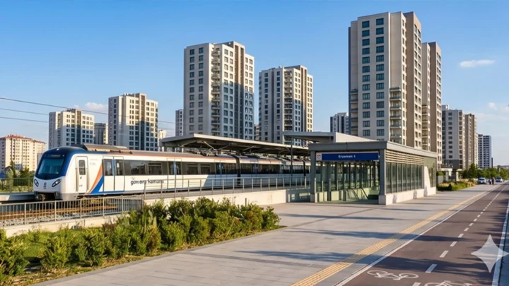 Ankara’da konut kulelerinin önünden geçen raylı sistem aracı ve istasyon