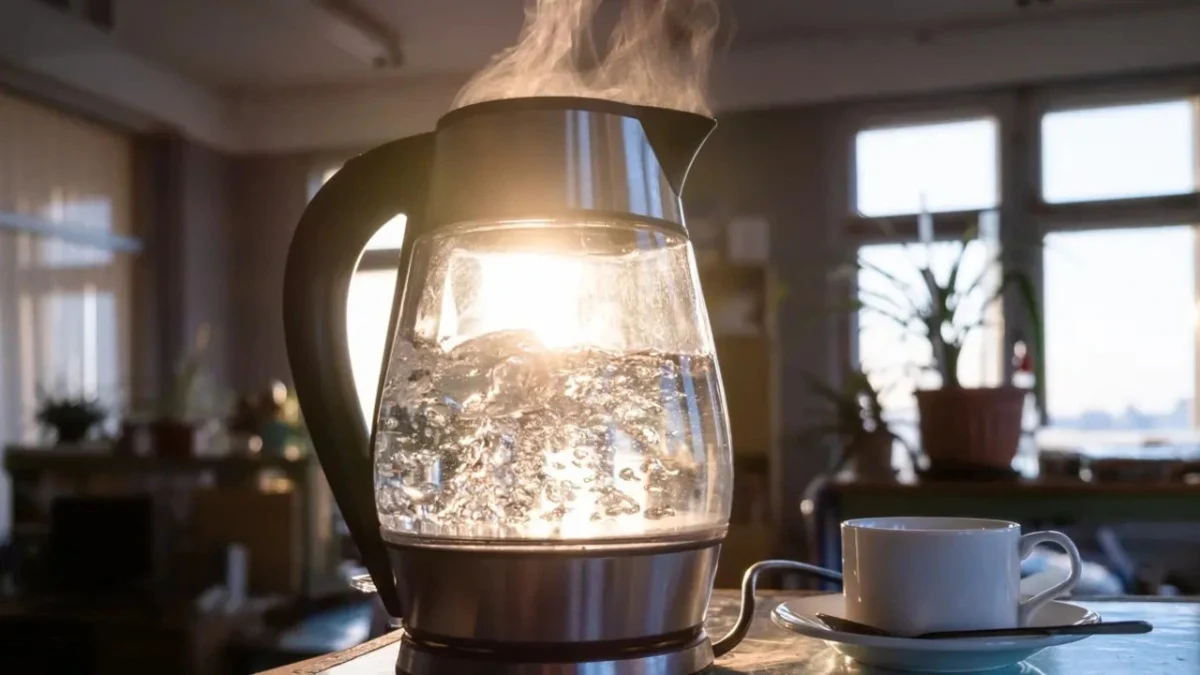 Cam kettle içinde kaynayan su ve yanında bir fincan