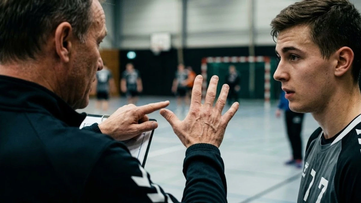 Antrenör, hentbol salonunda genç sporcuya el hareketleriyle talimat veriyor