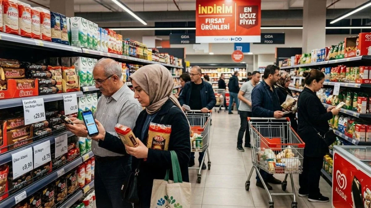 Market raflarında alışveriş yapan kişiler ve alışveriş arabaları