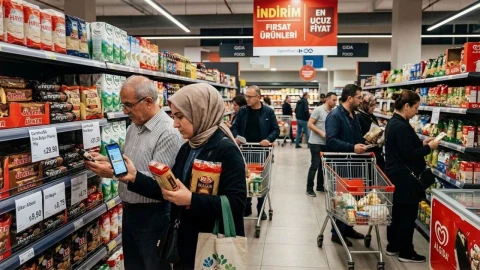 Market raflarında alışveriş yapan kişiler ve alışveriş arabaları