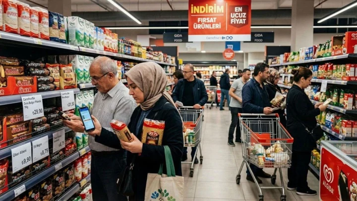 Market raflarında alışveriş yapan kişiler ve alışveriş arabaları