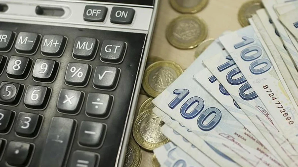 Hesap makinesi yanında Türk lirası banknotları ve madeni paralar