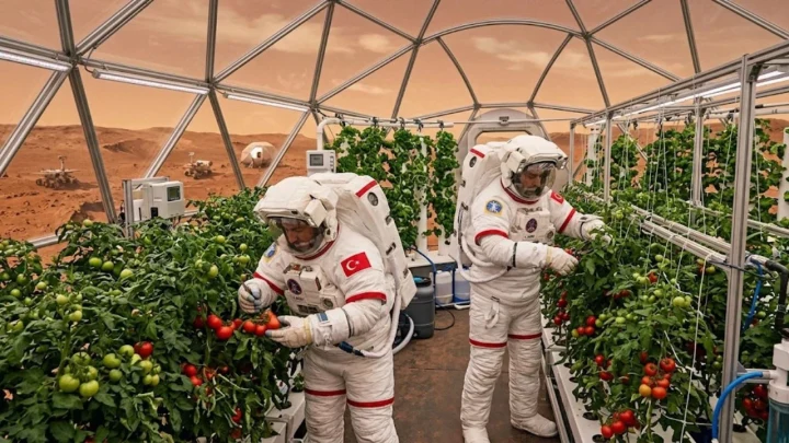 Mars ortamını canlandıran kapalı serada domates bitkileriyle ilgilenen astronotlar