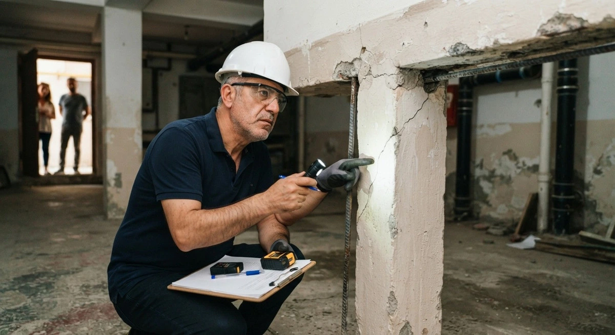 Uzman, bodrum katta beton kiriş ve kolon birleşimini inceliyor